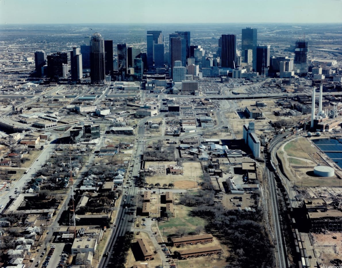 The Dallas skyline in 1984 when Harwood International completed its Rolex Building, the...