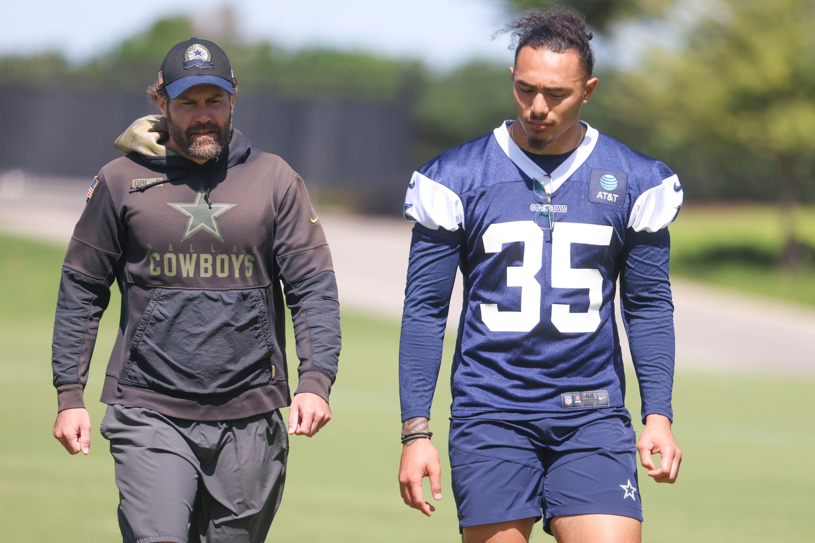 Dallas Cowboys linebacker Marist Liufau (35) exits the field during a rookie minicamp, on...