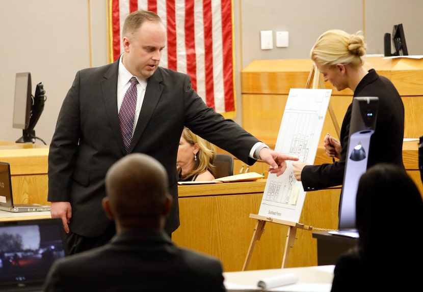 Pointing to a map of the scene of Genevive Dawes' death, Dallas police Officer Jason Kimpel...