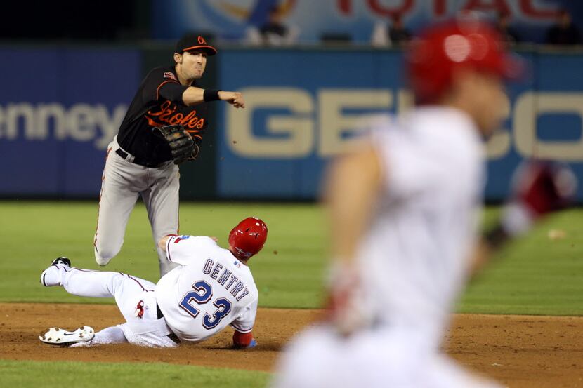 Baltimore Orioles second baseman Ryan Flaherty (3) starts a double play as Texas Rangers...