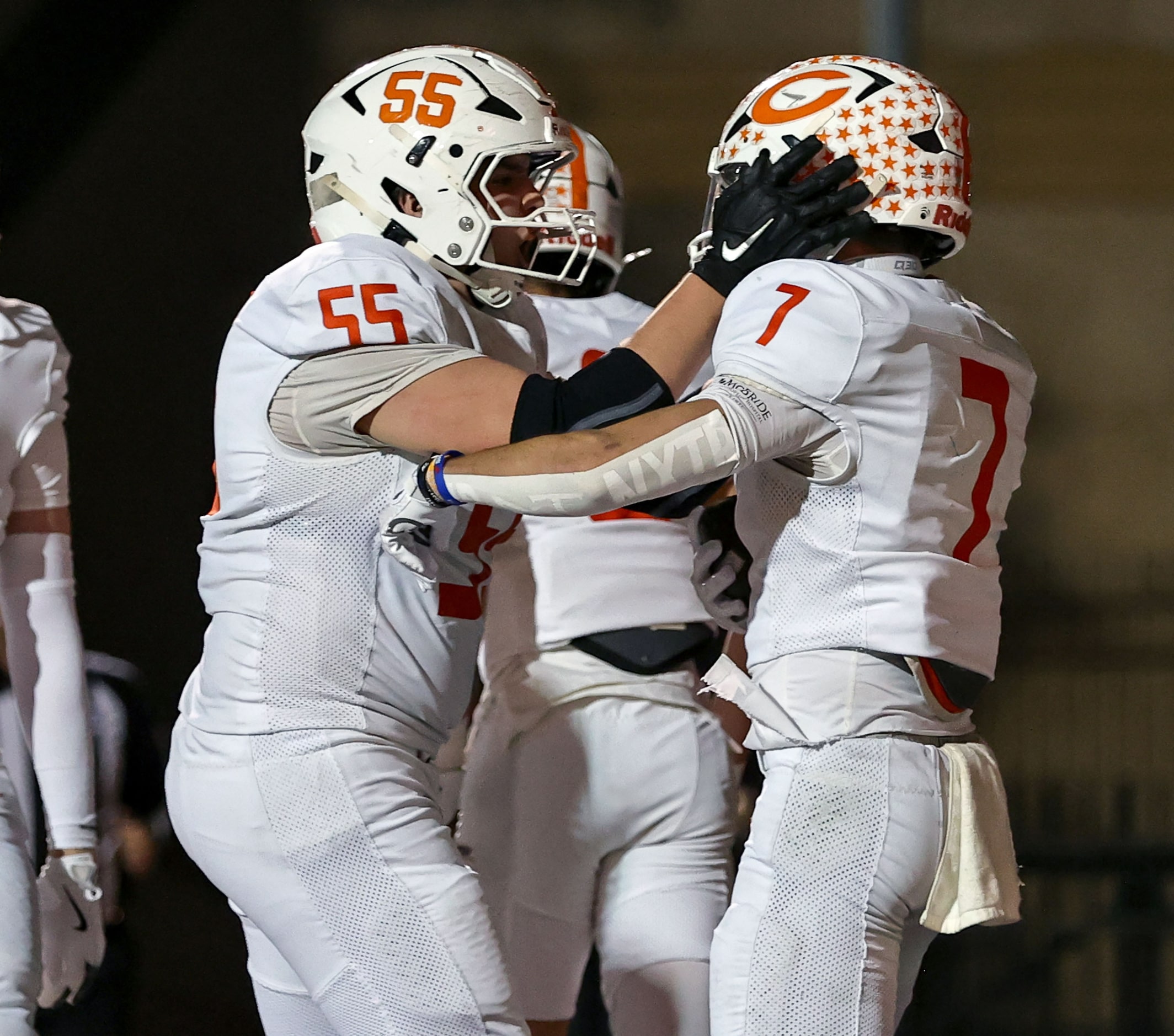 Celina running back Harrison Williams (7) and offensive lineman Merritt Ray (55) celebrate...