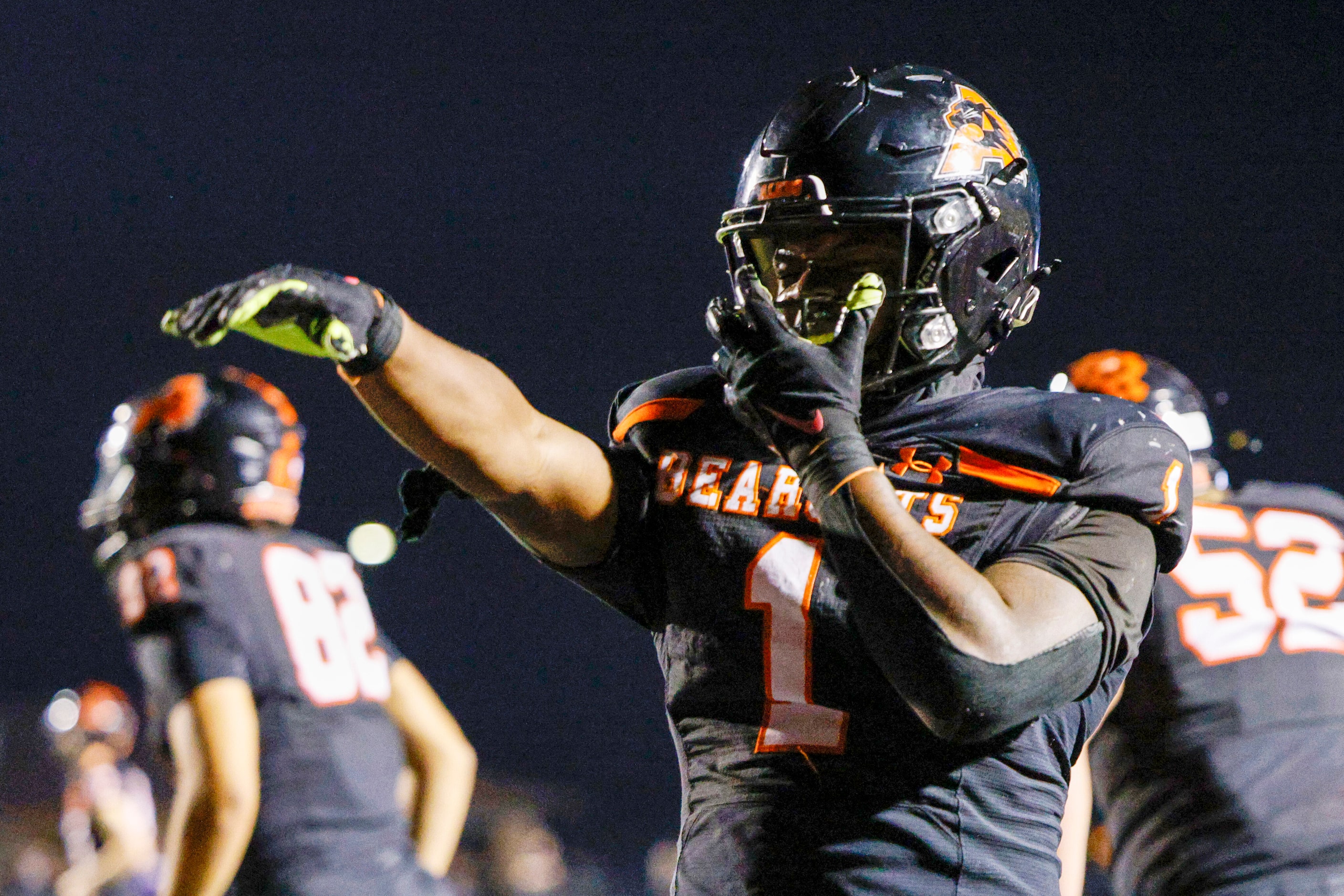 Aledo running back Raycine Guillory Jr. (1) celebrates after scoring a touchdown during the...