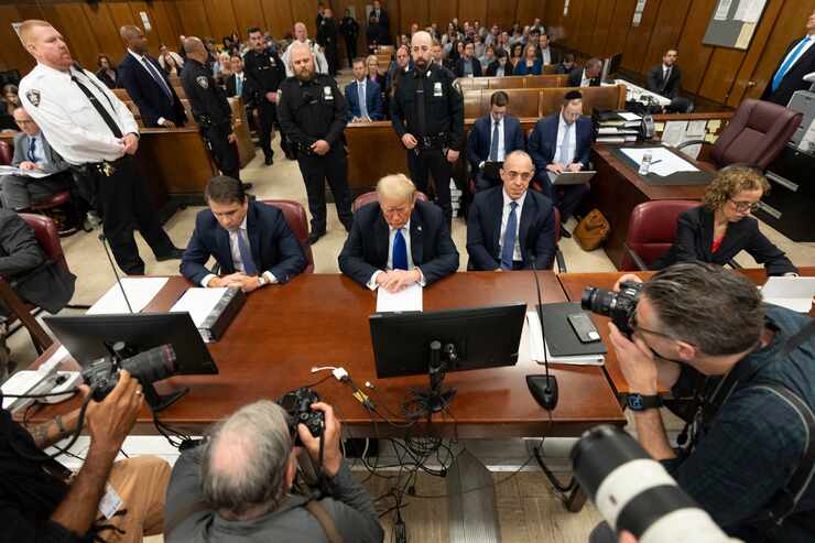 Former President Donald Trump appears at Manhattan criminal court during jury deliberations...