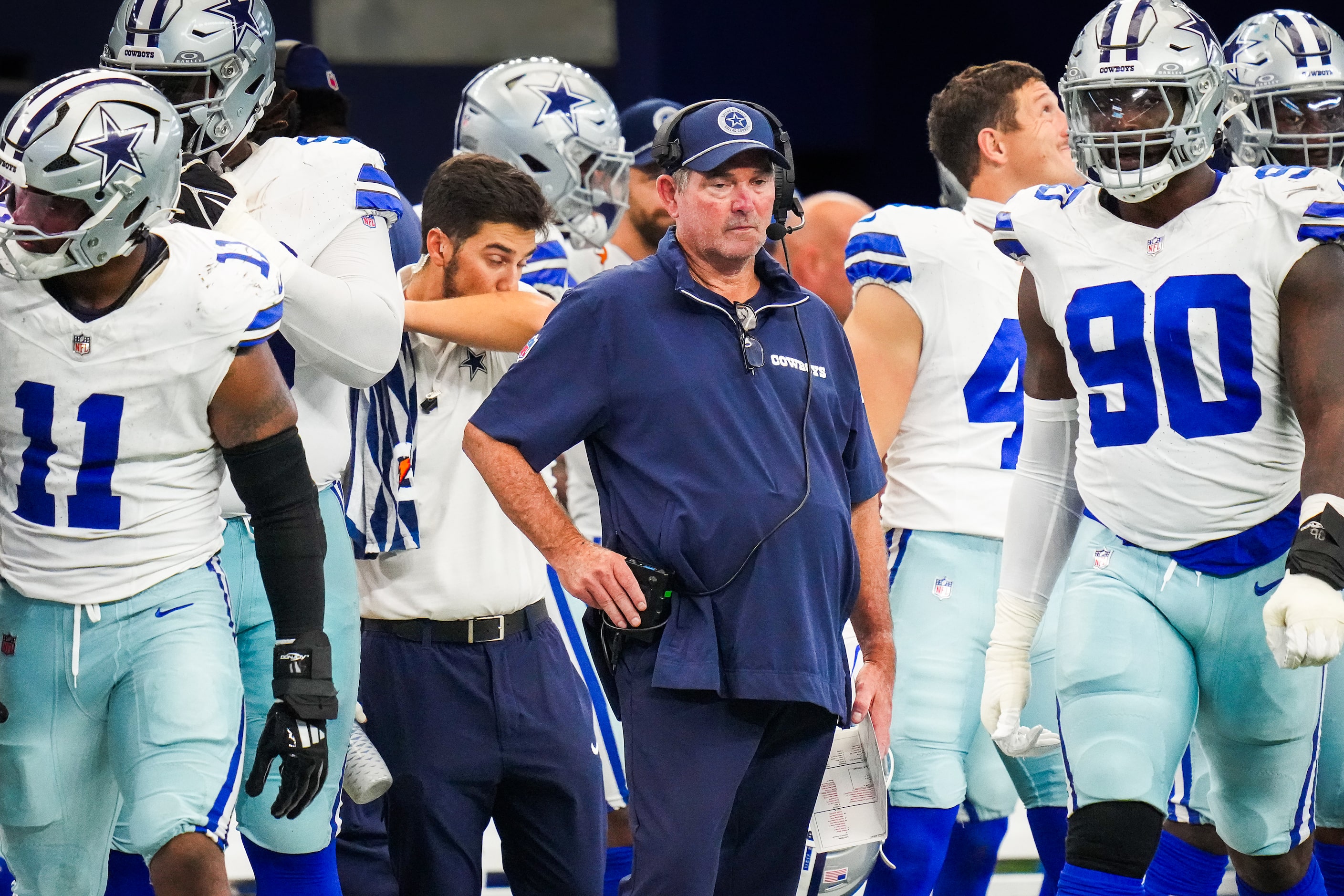 Dallas Cowboys defensive coordinator Mike Zimmer looks on from the sidelines during the...