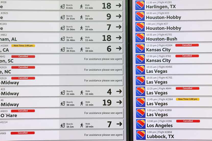 Southwest Airlines' cancellations for departures are highlighted in red at Dallas Love Field...