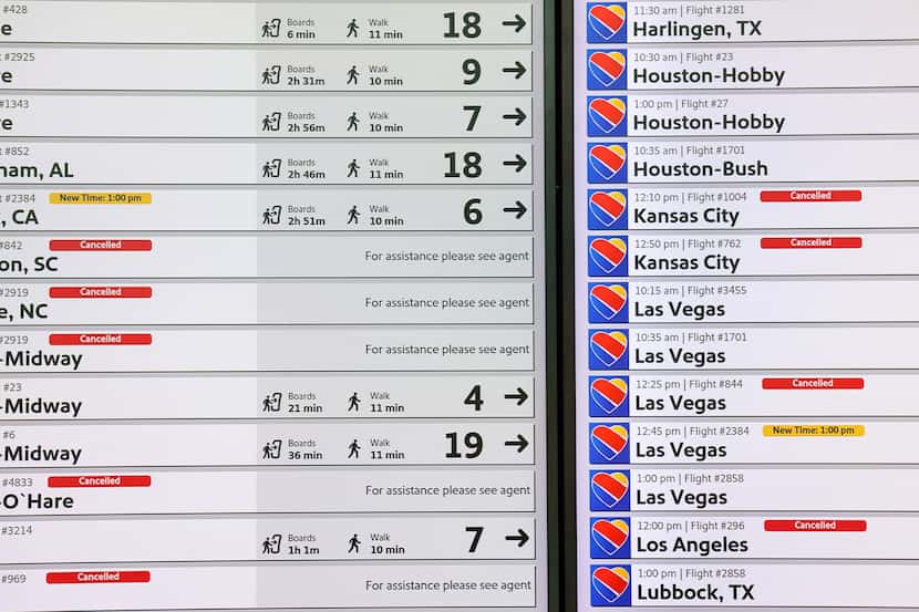 Southwest Airlines' cancellations for departures are highlighted in red at Dallas Love Field...