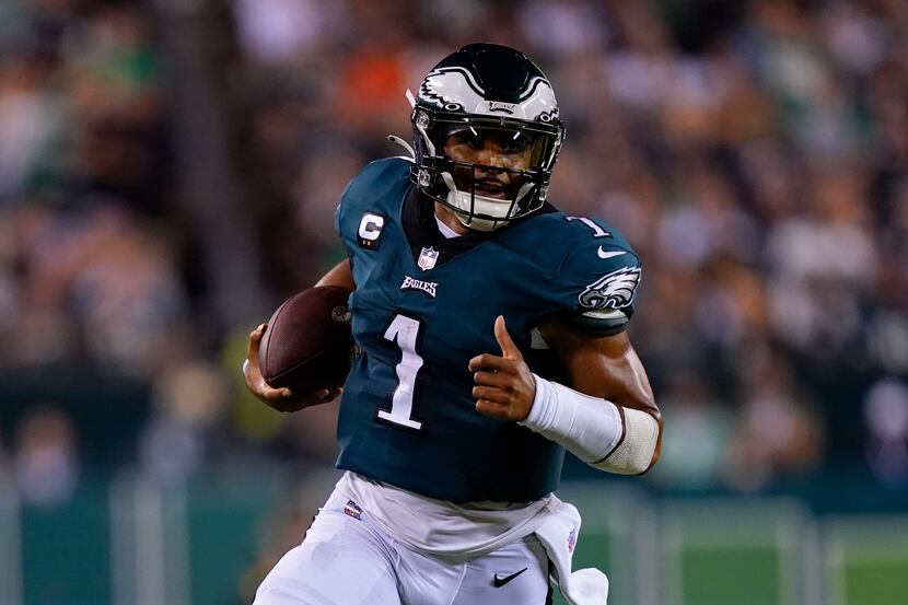 Philadelphia Eagles quarterback Jalen Hurts in action during an NFL football game, Monday,...