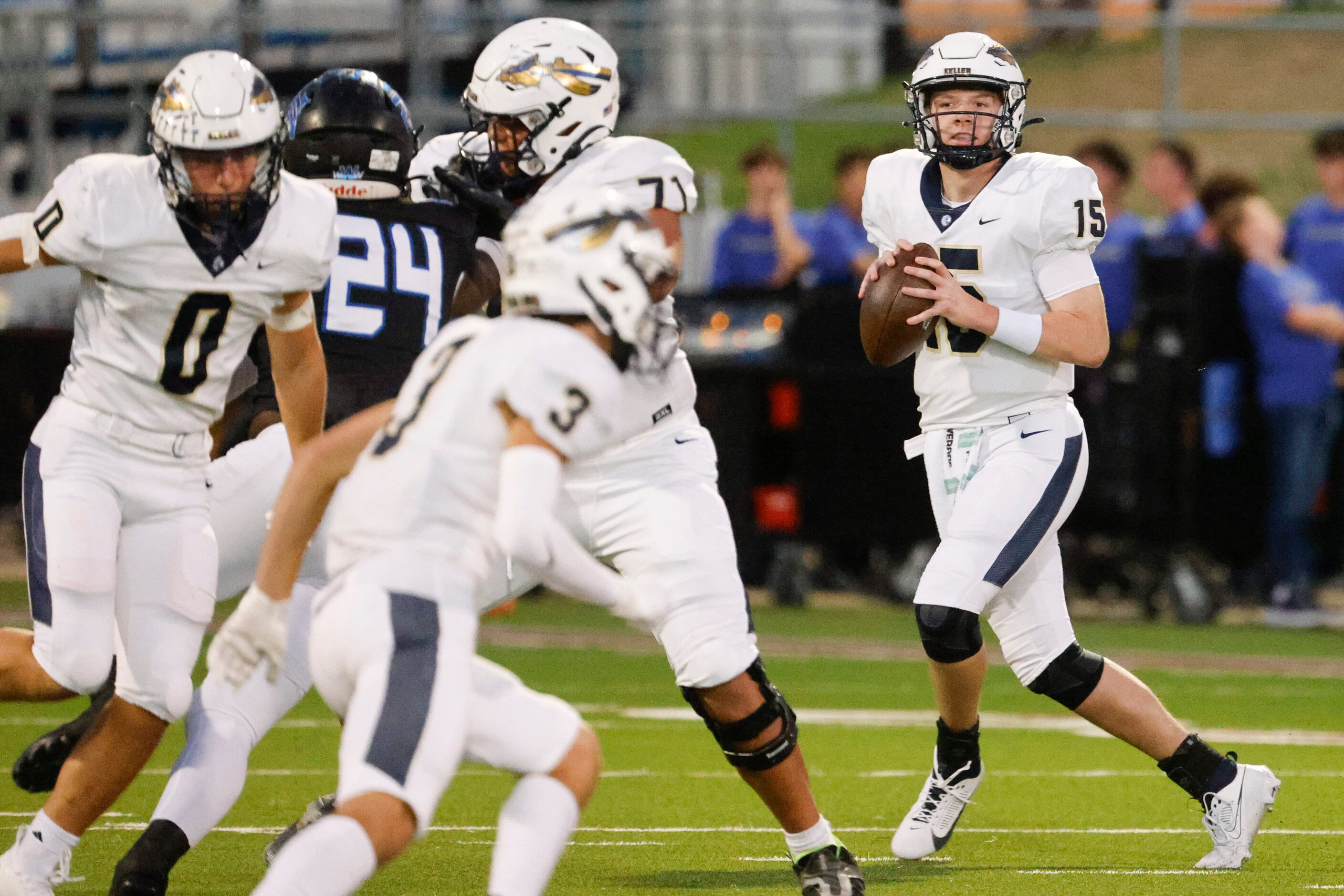 Keller High school’s QB Beckham Robinson throws the ball against Byron Nelson high school...