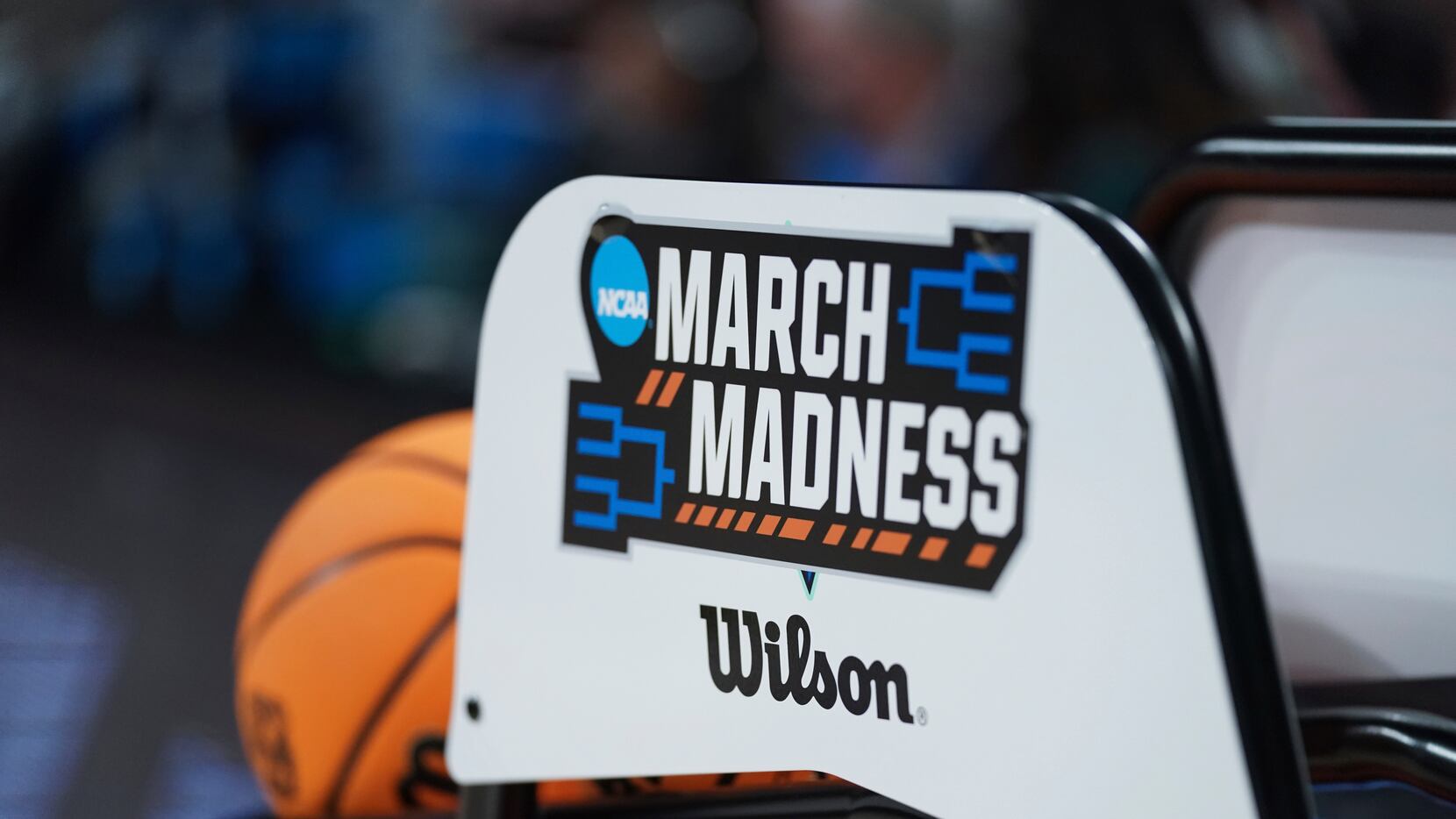 March Madness logo on a basketball rack before a First Four game between Howard and...