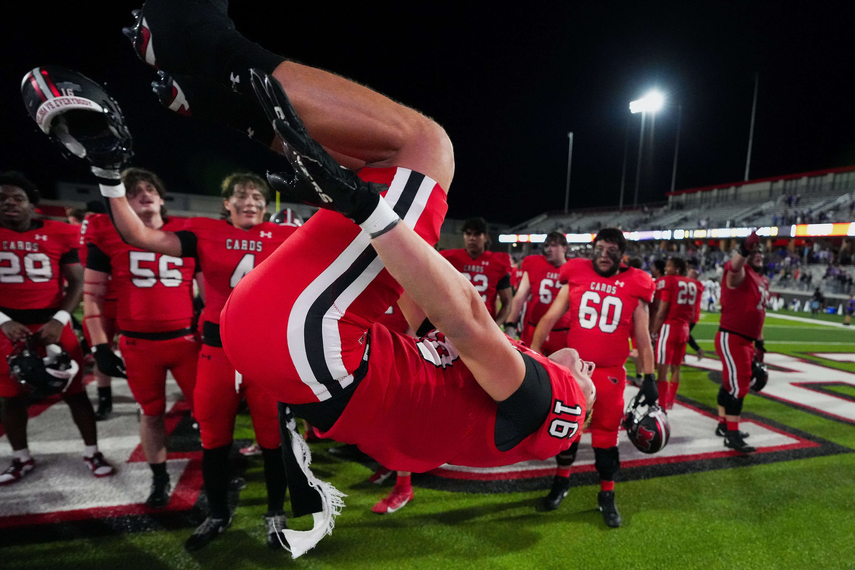 Melissa’s Antonio Sparks (16) does a backflip in celebration after a victory over Anna in a...