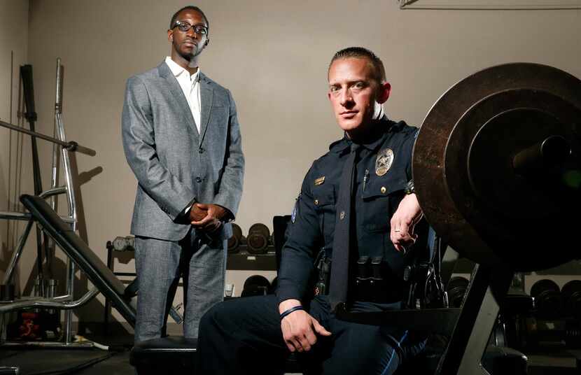 Dr. Akwasi Boah (left) from the Texas Back Institute and police Sgt. Chris Tepfer at the...