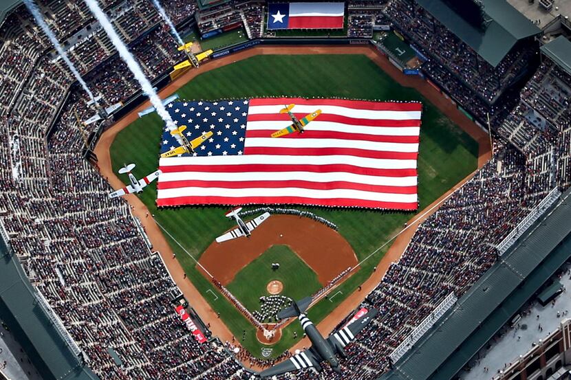 before the Philadelphia Phillies vs. the Texas Rangers season opening baseball game at Globe...