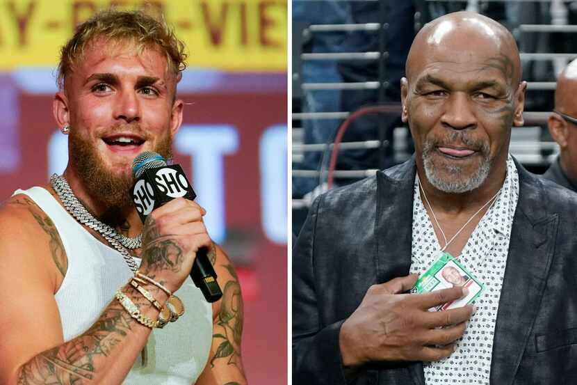 Jake Paul (left) and Mike Tyson (right) will fight at AT&T Stadium on July 20. Photos from...