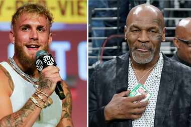 Jake Paul (left) and Mike Tyson (right) will fight at AT&T Stadium on July 20, 2024. Photos...