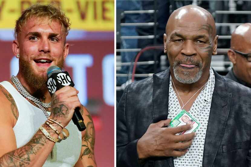 Jake Paul (left) and Mike Tyson (right) will fight at AT&T Stadium on July 20, 2024. Photos...