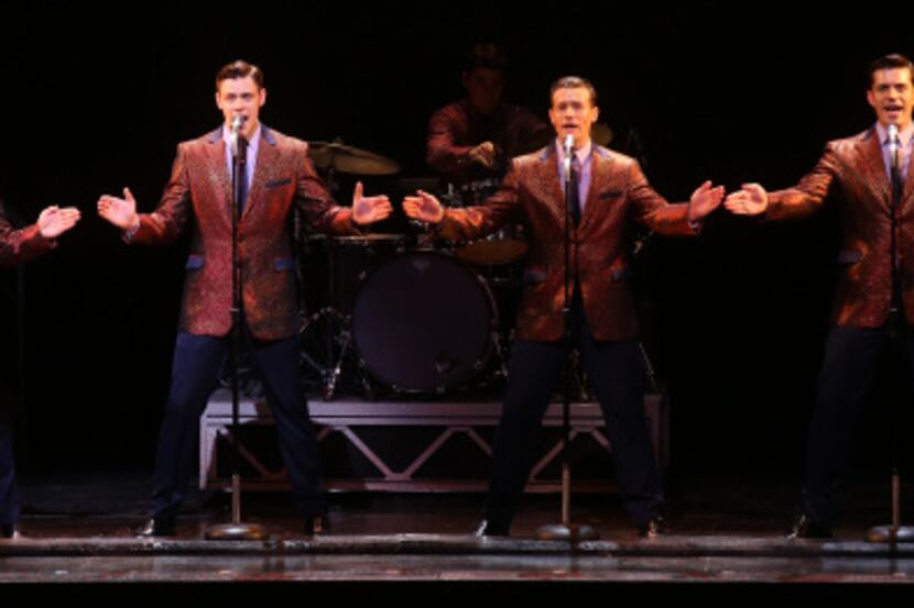 (l to r) Brad Weinstock (Franki Valli) Jason Kappus (Bob Gaudio) Colby Foytik (Tommy DeVito)...