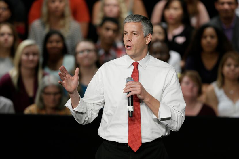 Education Secretary Arne Duncan speaks during a town hall meeting in Des Moines, Iowa. ...