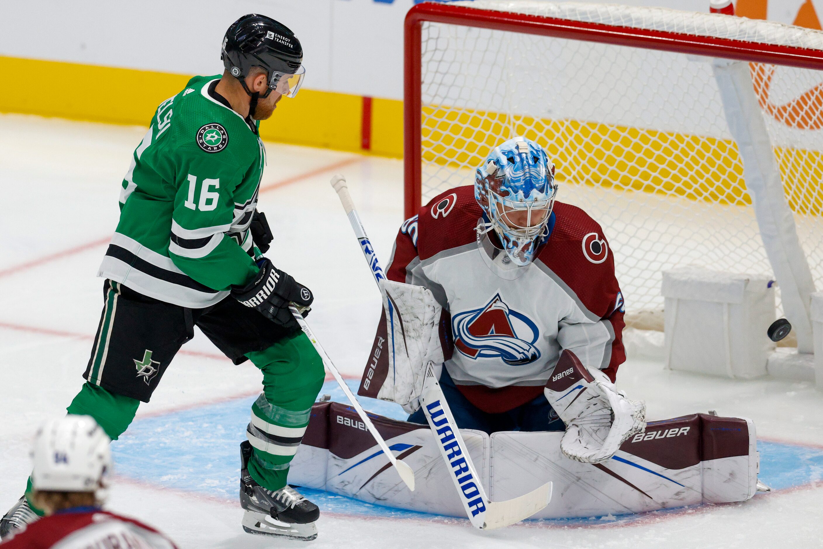 Dallas Stars center Joe Pavelski (16) watches a shot bounce off the goal post near Colorado...