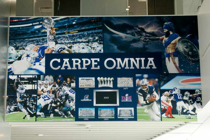 “Carpe Omnia” is seen on a wall at the Dallas Cowboys facility at The Star, Wednesday, Sept....