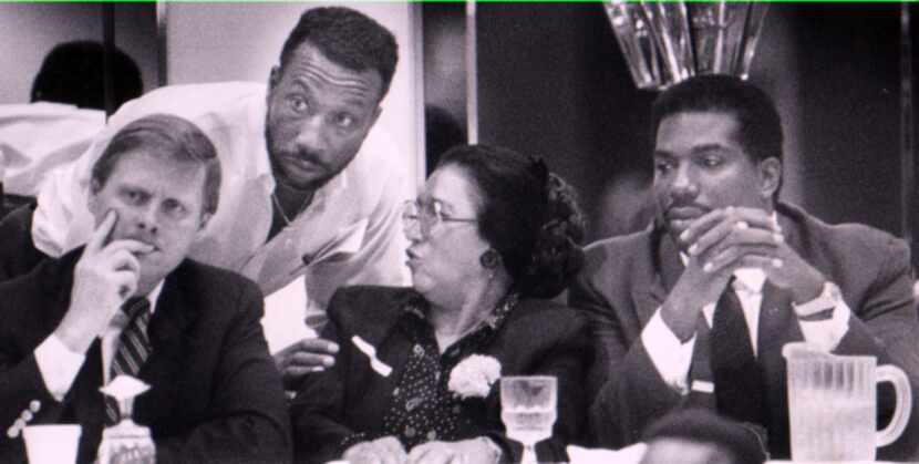 John Wiley Price (second from left) and Royce West (right), with then-Dallas Mayor Steve...