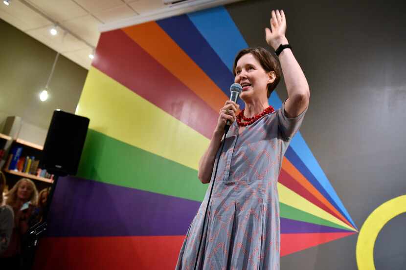 Author Ann Patchett stood on a small stool as she spoke about independent bookstores during...