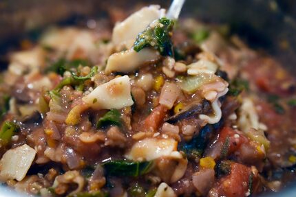 Lasagna soup was served in a crockpot during a plant-based potluck hosted by Pat and Dianne...