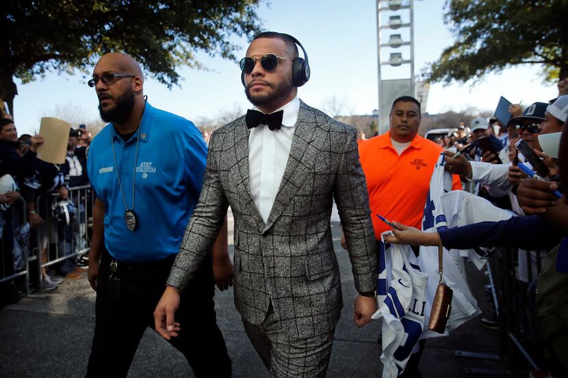 Dallas Cowboys quarterback Dak Prescott arrives at AT&T Stadium in Arlington, Texas for...