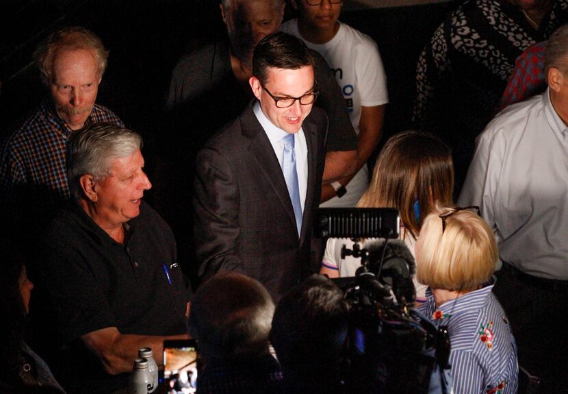 Scott Griggs greeted supporters at Tree in Dallas Saturday night as he waited for final...