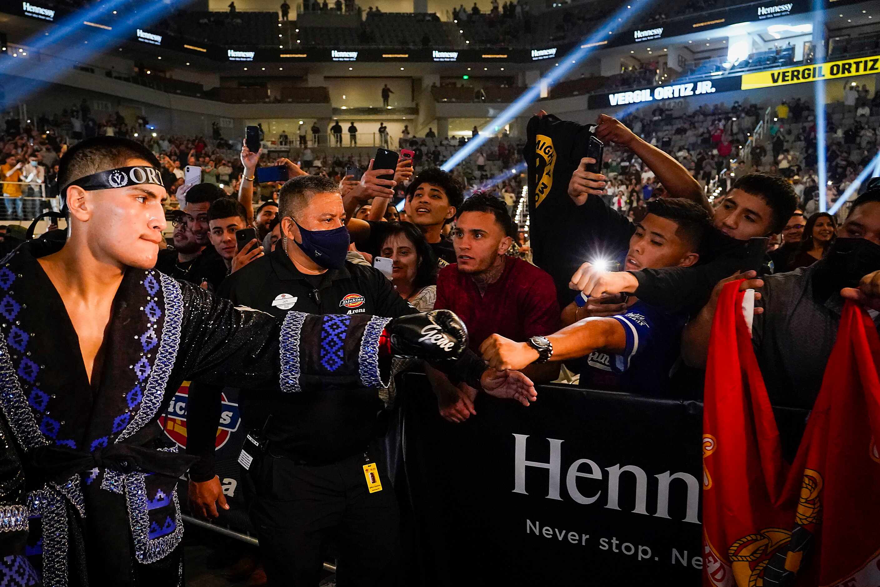Vergil Ortiz Jr. fist bumps fans as he takes the ring to fight Maurice Hooker for the vacant...