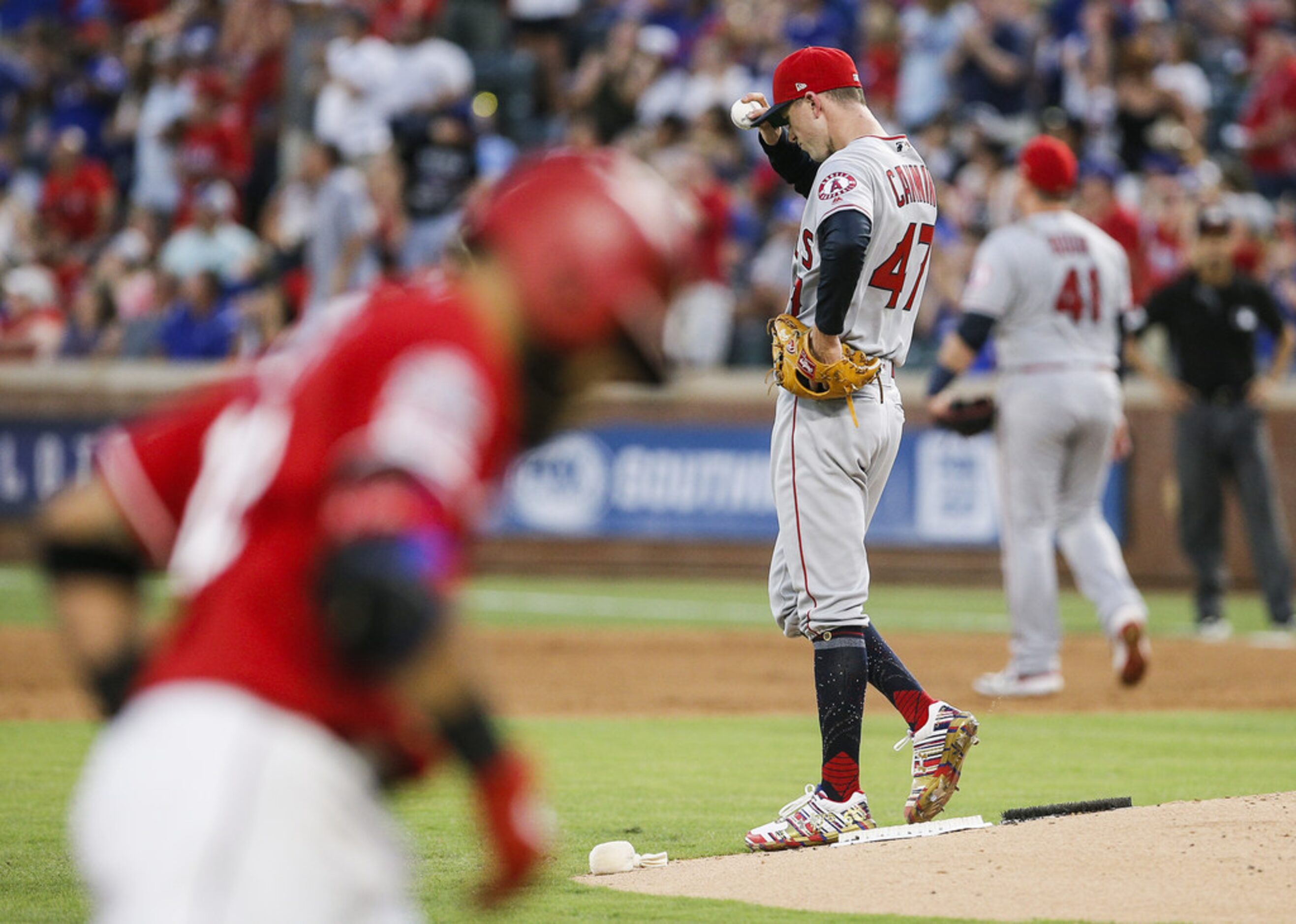 ARLINGTON, TX - JULY 4: Starting pitcher Griffin Canning #47 of the Los Angeles Angels of...