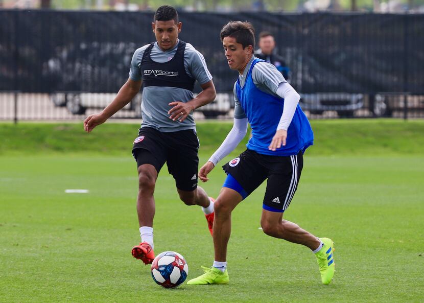 Arturo Rodriguez dribbles against Bryan Acosta in a combined FC Dallas and North Texas SC...