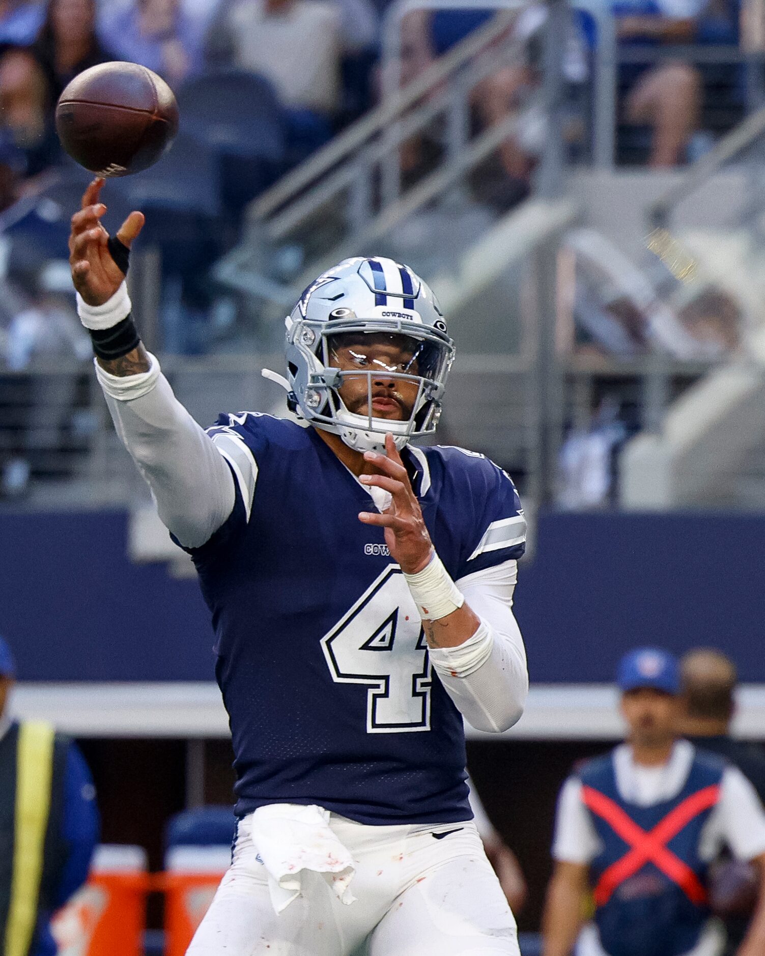 Dallas Cowboys quarterback Dak Prescott (4) throws a one yard pass for a touchdown during...