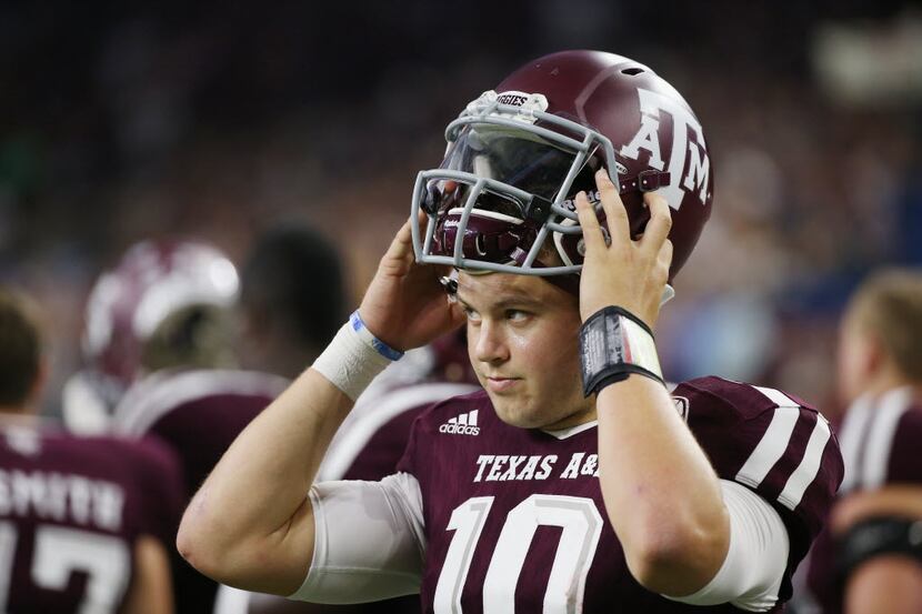 HOUSTON, TX - SEPTEMBER 05:  Kyle Allen #10 of the Texas A&M Aggies waits in th bench area...