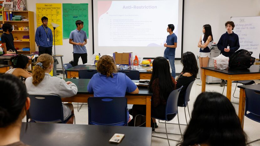 Politics for Teens leaders speak about the gun restriction debate during a meeting at Plano...