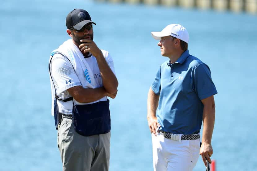 PONTE VEDRA BEACH, FL - MAY 14:  Jordan Spieth of the USA looks dejected with his caddy...