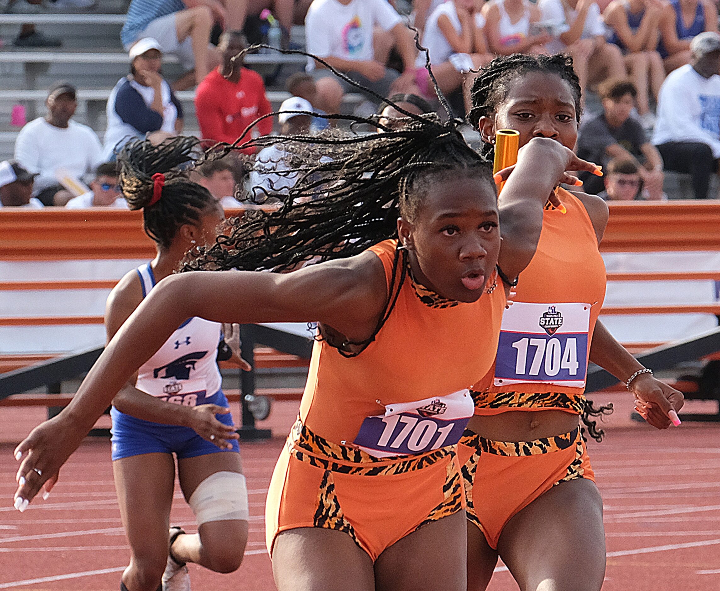 The team from Lancaster competes in the 4x200M relay at the UIL State track championships at...