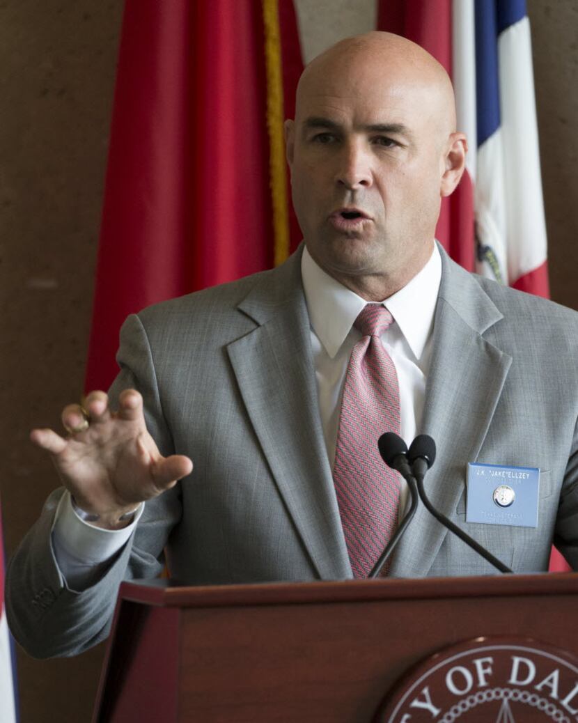 Jake Ellzey, the commissioner of Texas Veterans Commission, speaks at Dallas City Hall...