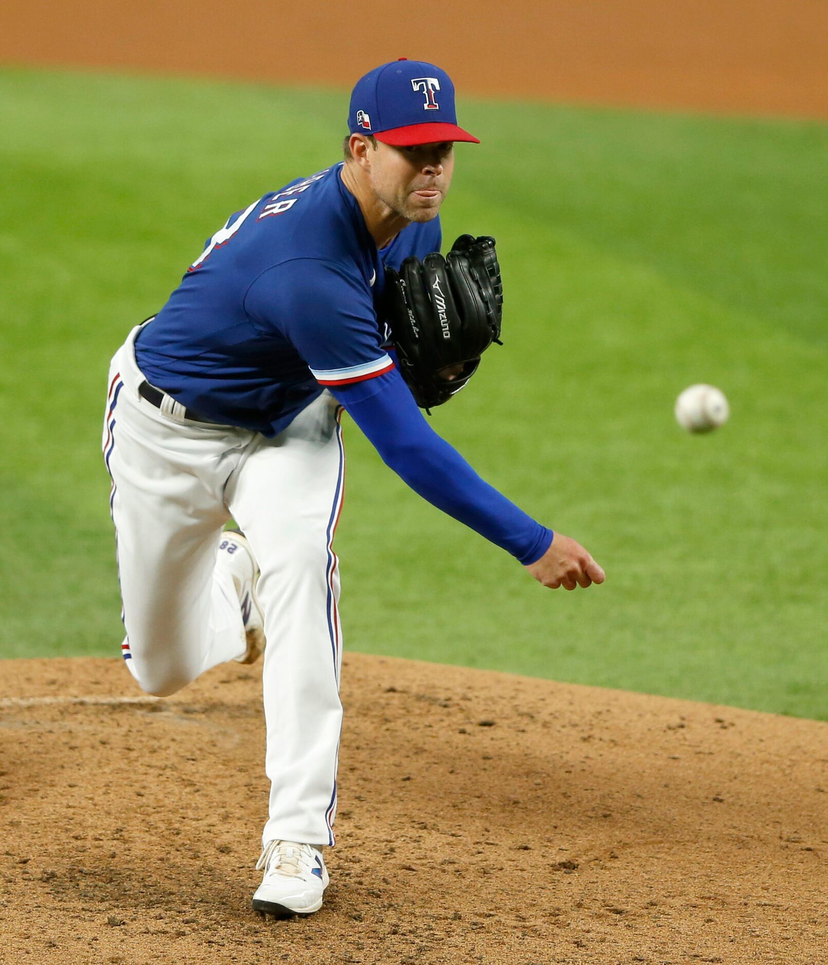 Texas Rangers pitcher Corey Kluber (28) pitches during Texas Rangers 2020 Summer Camp at...