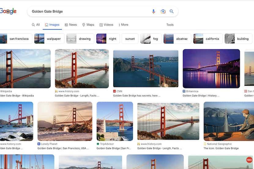 If you want to find pictures of the Golden Gate Bridge, you can search for that term and...