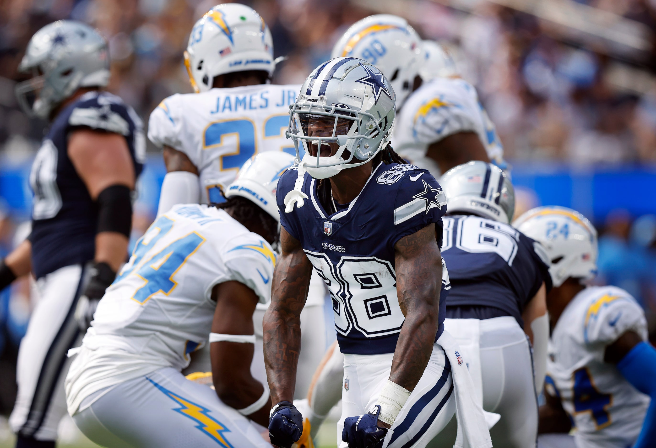 Dallas Cowboys wide receiver CeeDee Lamb (88) celebrates after his big first quarter catch...