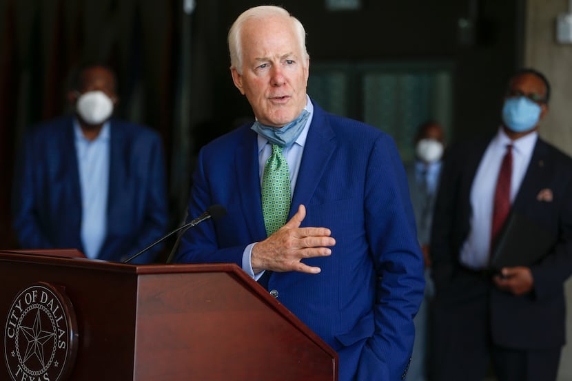 Sen. John Cornyn, R-Texas, speaks with media after a law enforcement roundtable on June 12,...