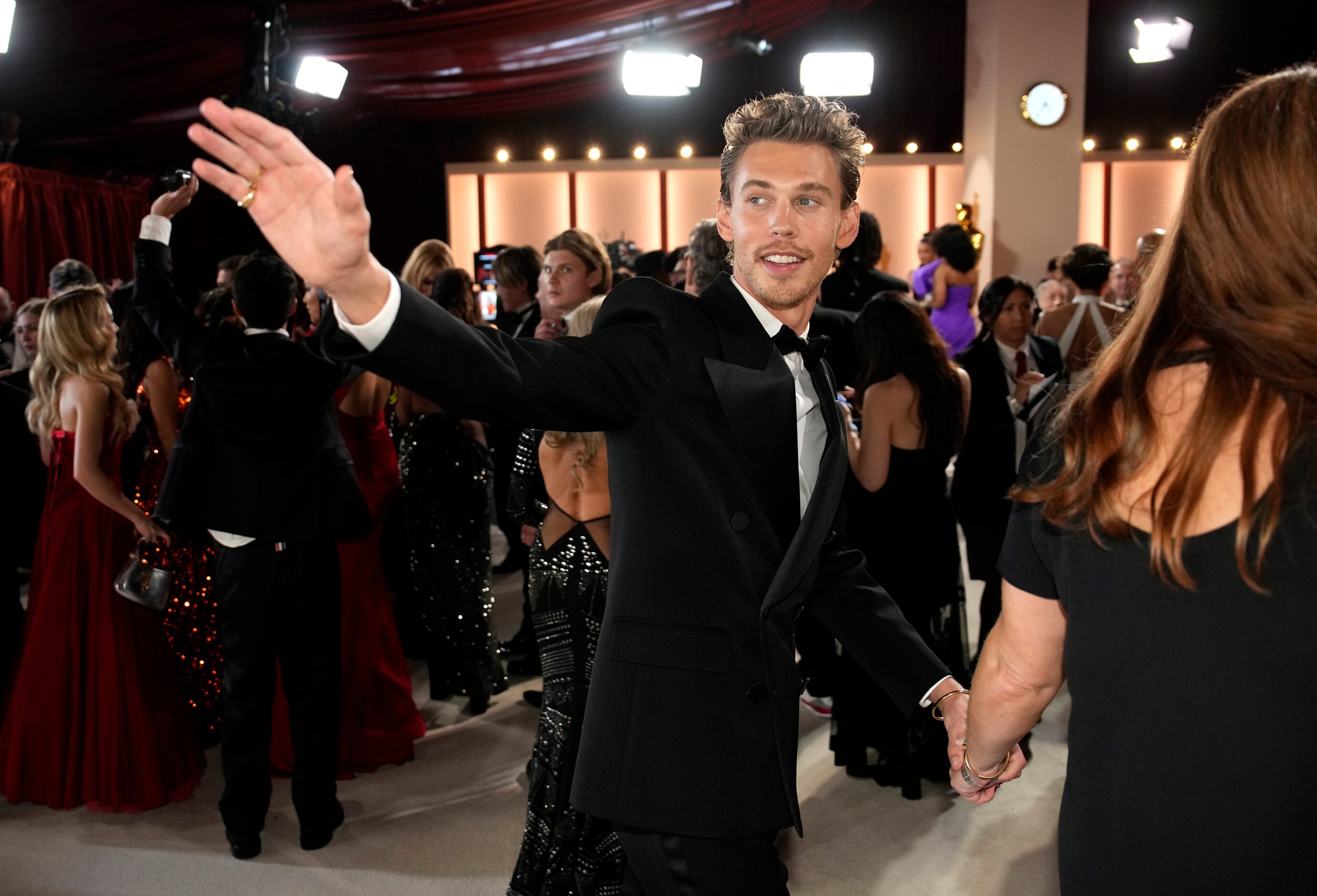 Austin Butler arrives at the Oscars on Sunday, March 12, 2023, at the Dolby Theatre in Los...