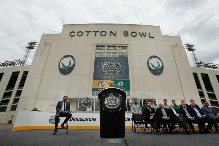 NHL commissioner Gary Bettman spoke during a news conference outside the Cotton Bowl on...