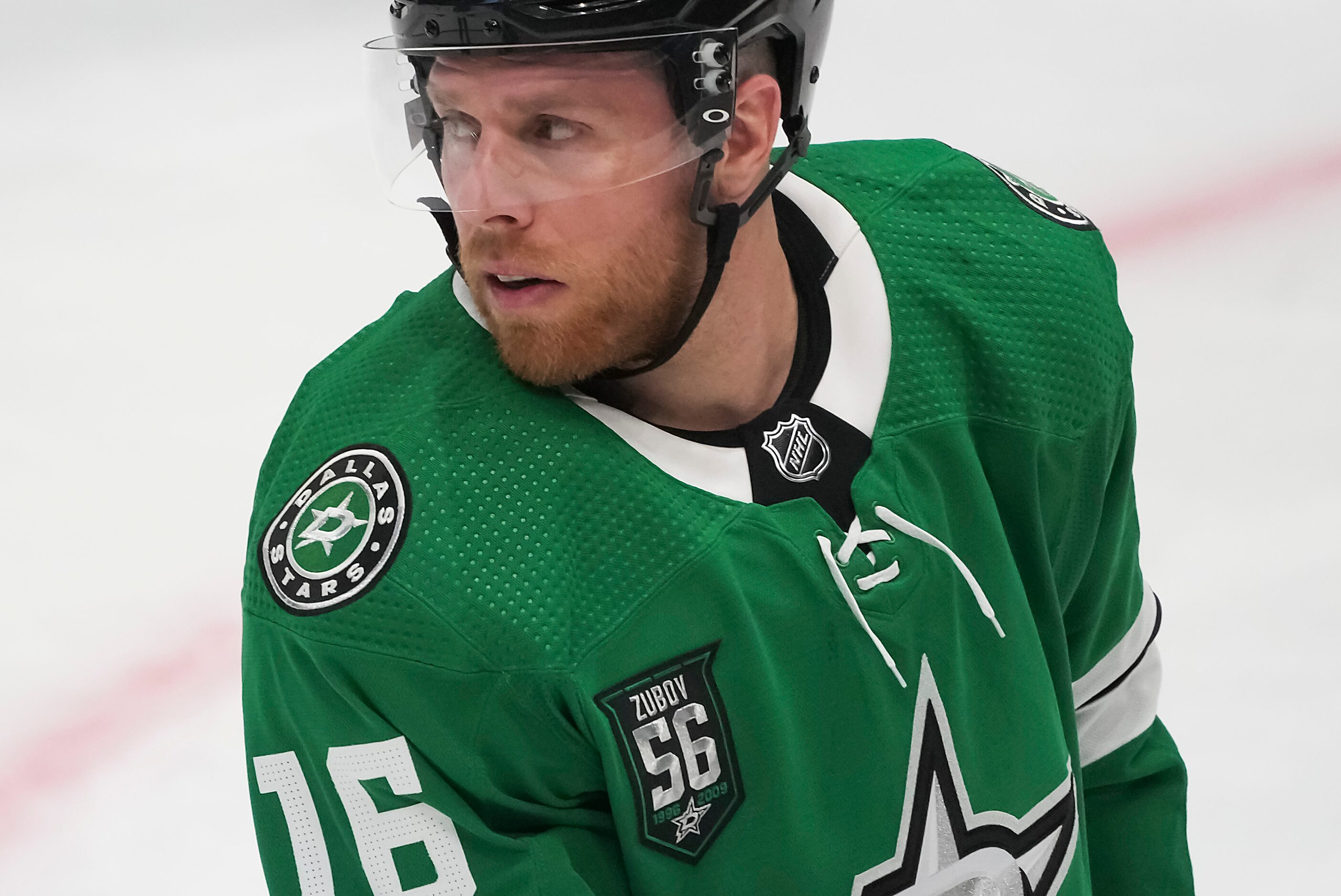 Dallas Stars center Joe Pavelski wears a patch honoring former player Sergei Zubov, whose...