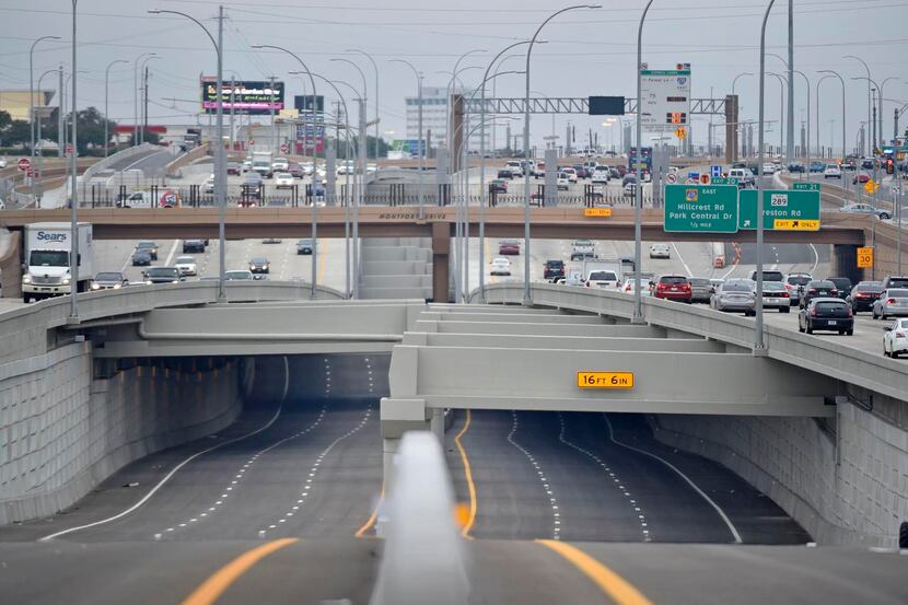 A new segment of the LBJ toll lanes,  seen with LBJ Freeway on either side, is set to open...