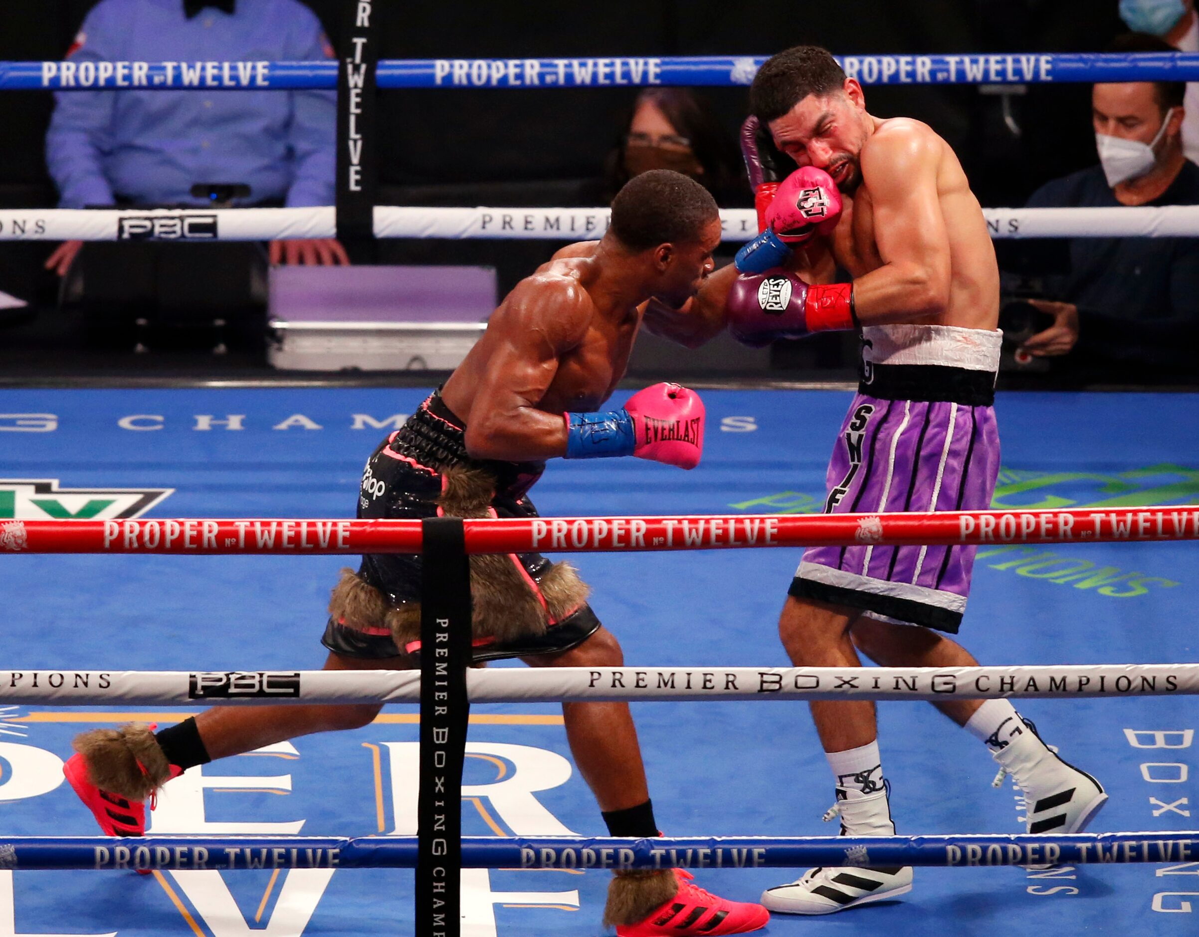 Errol Spence, Jr. punches  Danny García during the fifth round of a WBC & IBF World...