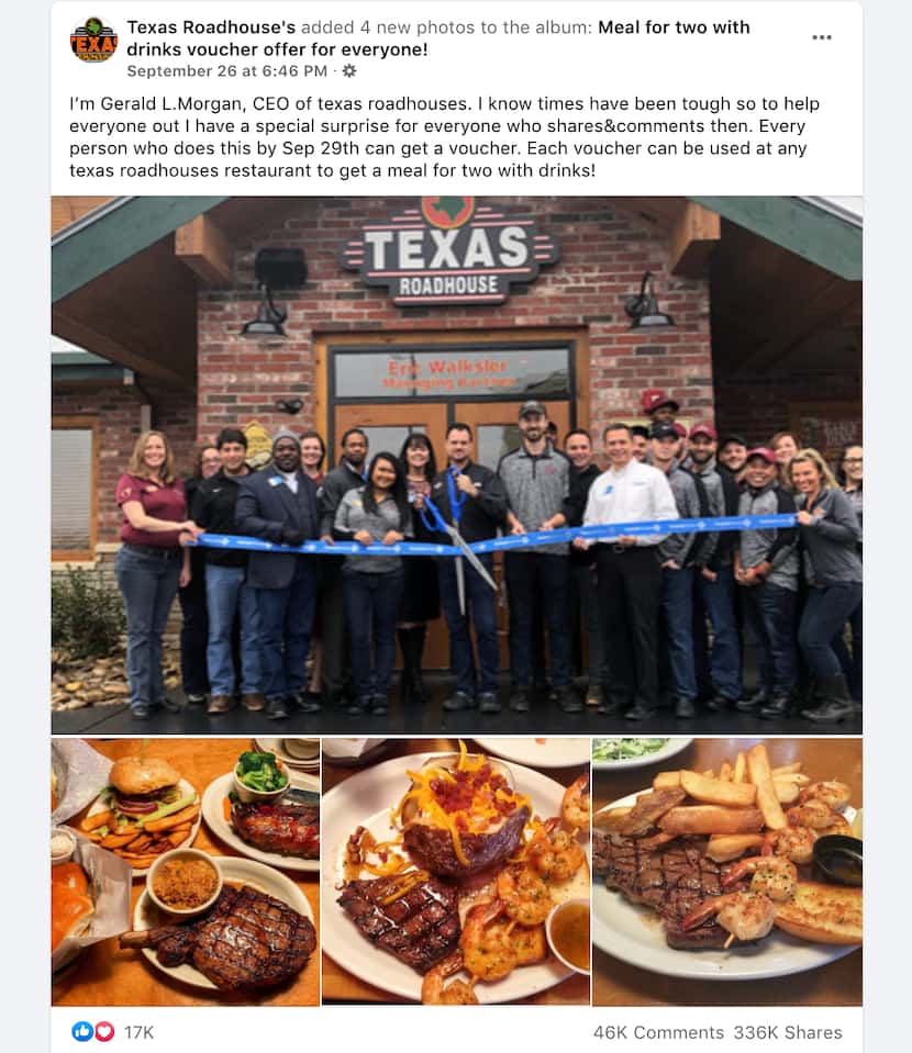 Texas Roadhouse posted publicly that this free-meal deal on Facebook is a scam. It was...
