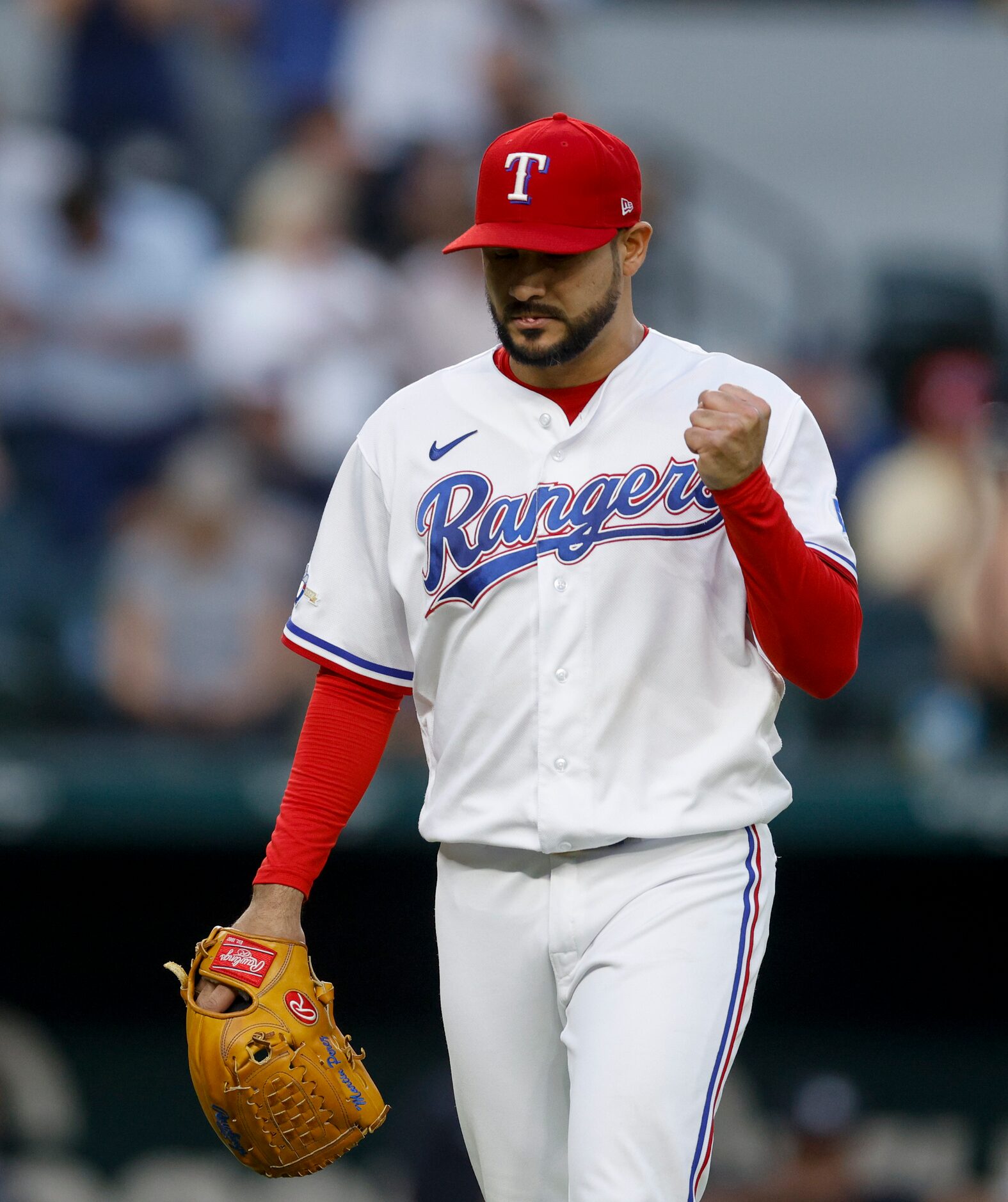 Texas Rangers starting pitcher Martin Perez (54) reacts after New York Yankees right fielder...