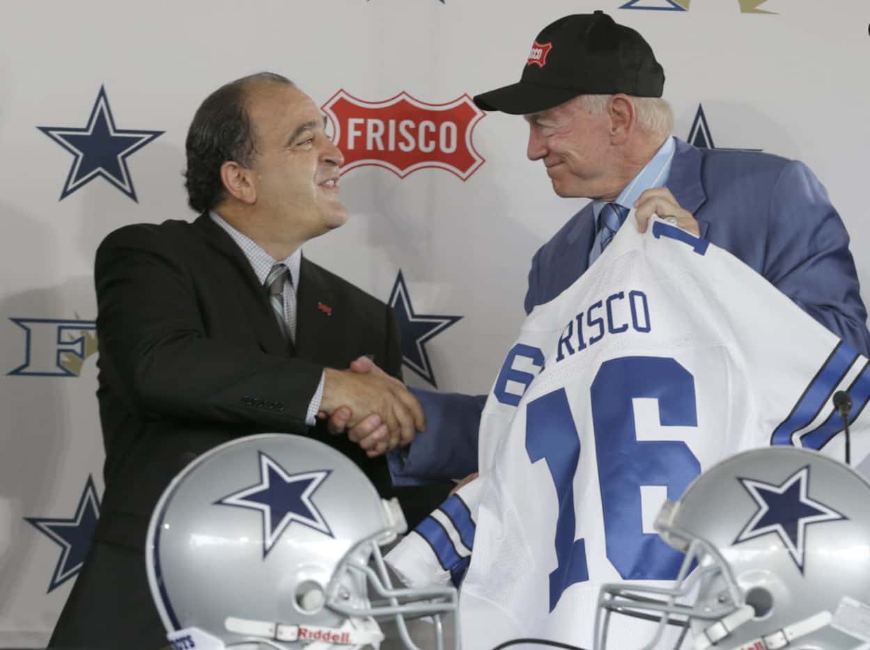 Dallas Cowboys owner Jerry Jones shook hands with Frisco Mayor Maher Maso in August 2013...