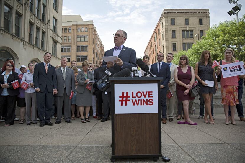 Jim Obergefell speaks during a press conference Monday, June 29, 2015, in downtown Dallas....